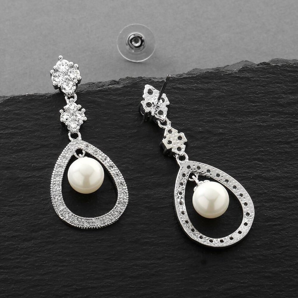 Bridal Pearl Earrings Silver Gold Dangle Vintage Wedding Jewelry for Brides - Picture 6 of 7